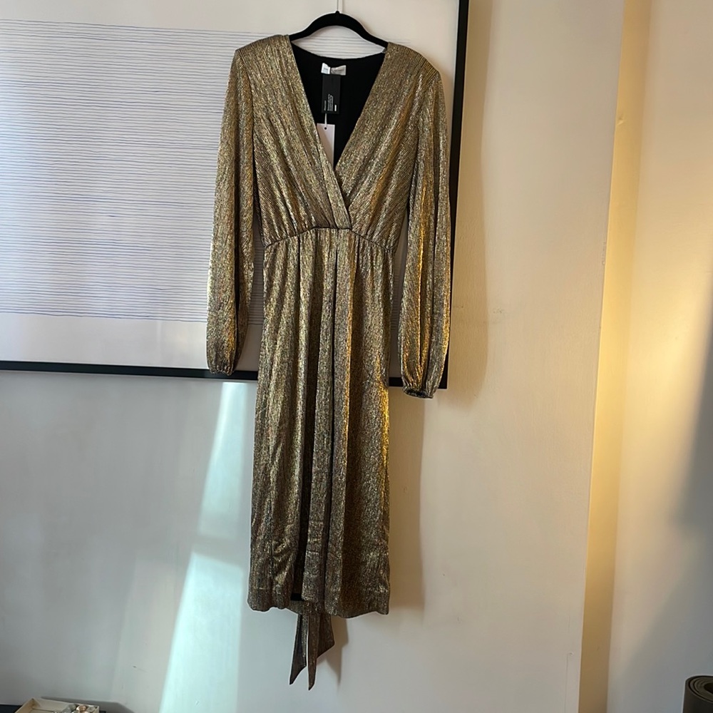 Rebecca Valance Rivero Wrap Effect Belted Metallic Chiffon Dress